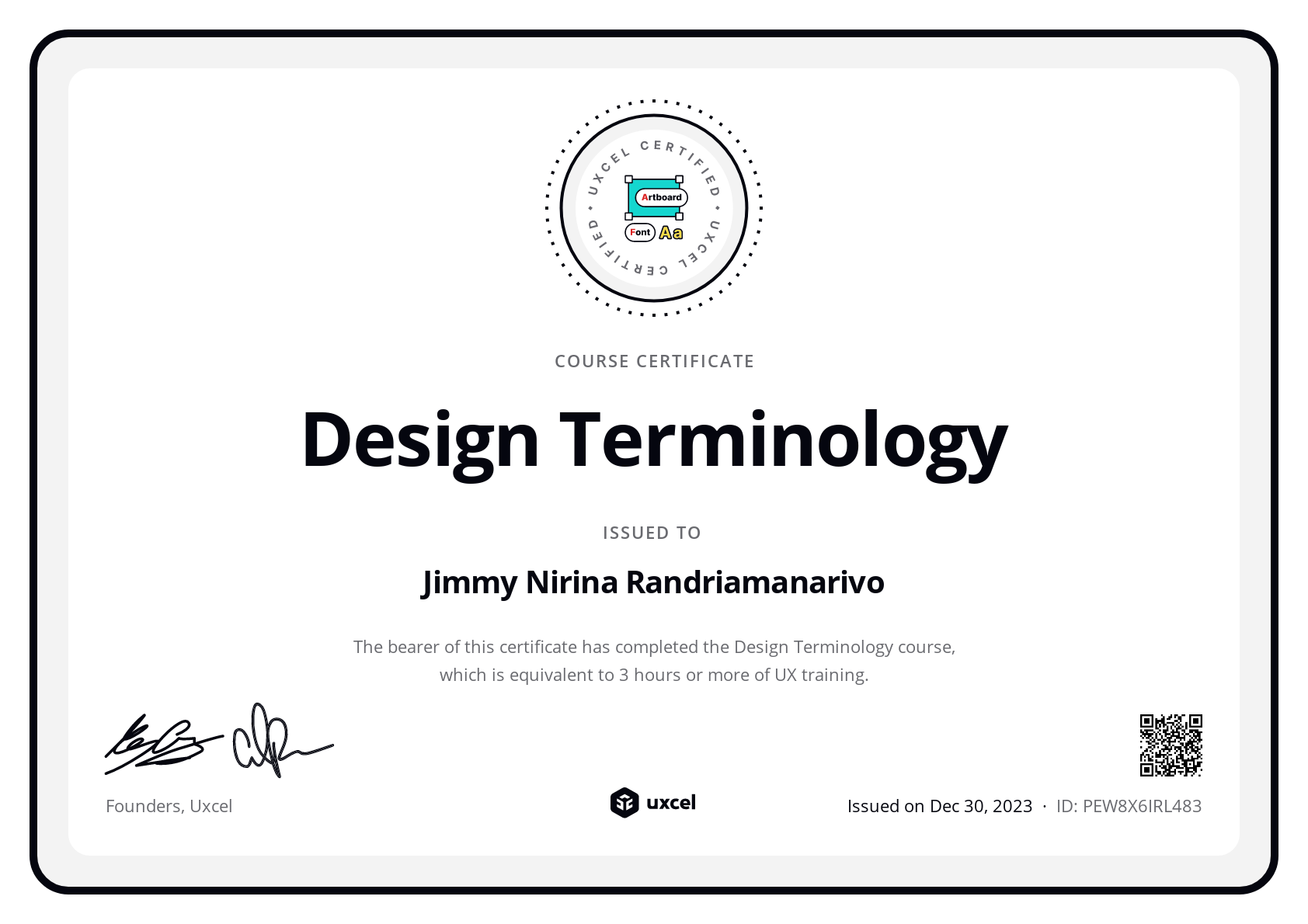 Nirina Randriamanarivo's certificate